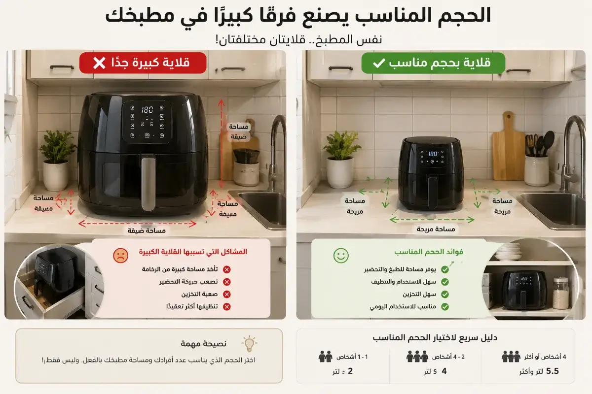 مقارنة بين حجم القلاية الهوائية والمساحة الحقيقية للمطبخ