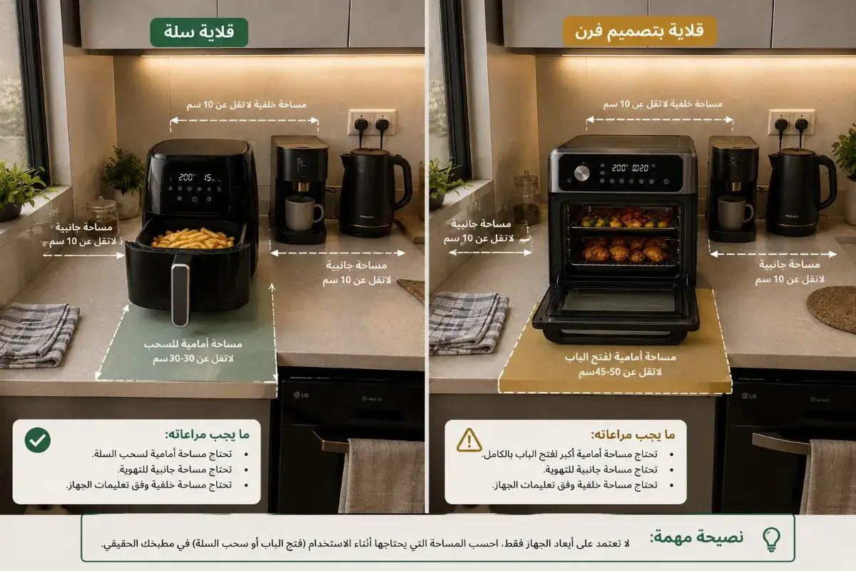 مساحة استخدام قلاية السلة وتصميم الفرن في مطبخ صغير