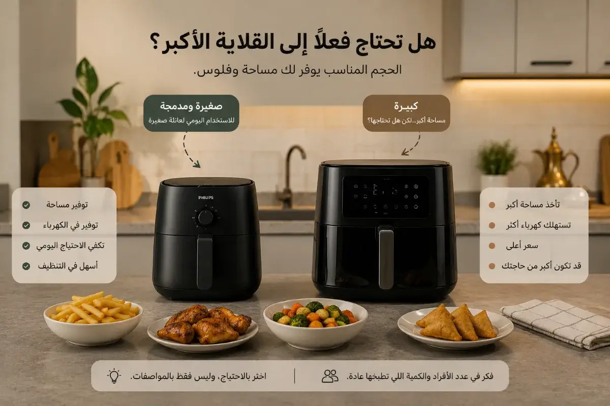 مقارنة قلاية هوائية صغيرة وكبيرة لاختيار الحجم المناسب للاستخدام اليومي