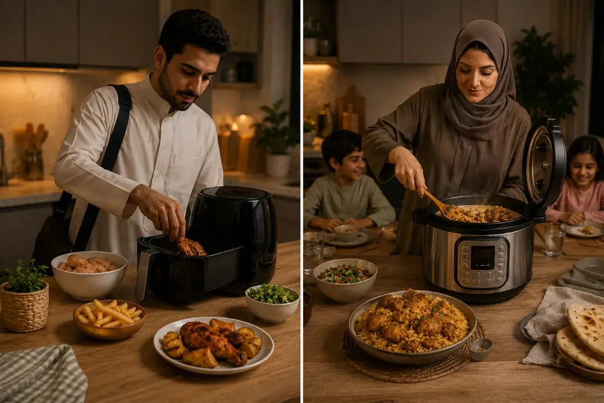 استخدام القلاية الهوائية لعشاء سريع مقارنة بطبخ وجبة في Multi Cooker