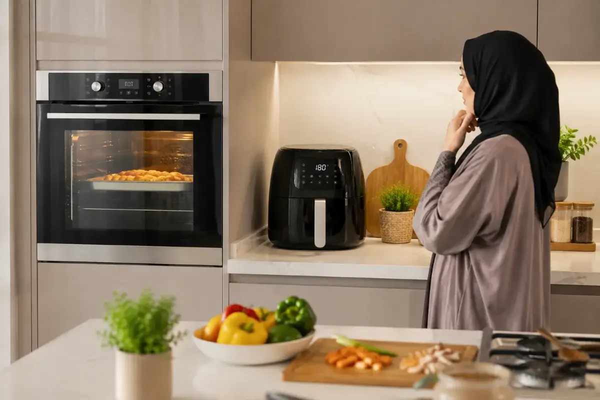 قلاية هوائية بجانب فرن مدمج في مطبخ منزلي سعودي