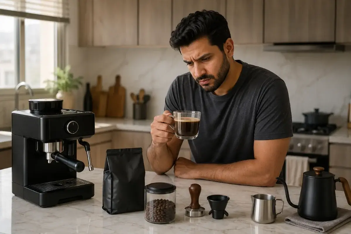 شخص يحضّر القهوة في المنزل ويحاول معرفة سبب اختلاف الطعم