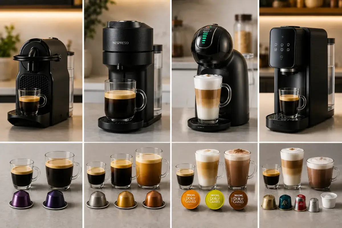 مقارنة أنظمة كبسولات Nespresso Original وVertuo وDolce Gusto والماكينات متعددة الكبسولات