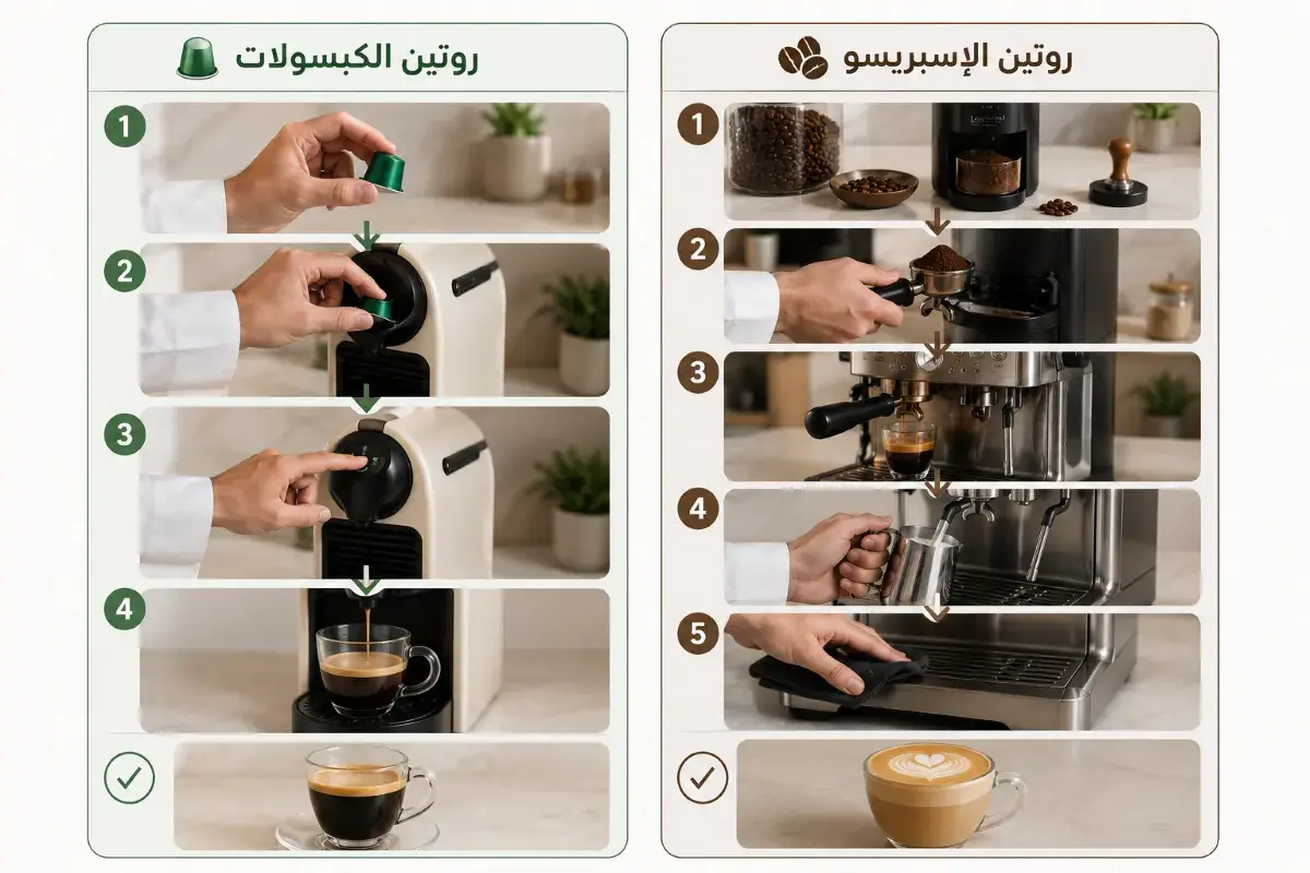 الفرق بين روتين تحضير القهوة بالكبسولات والإسبريسو في المنزل