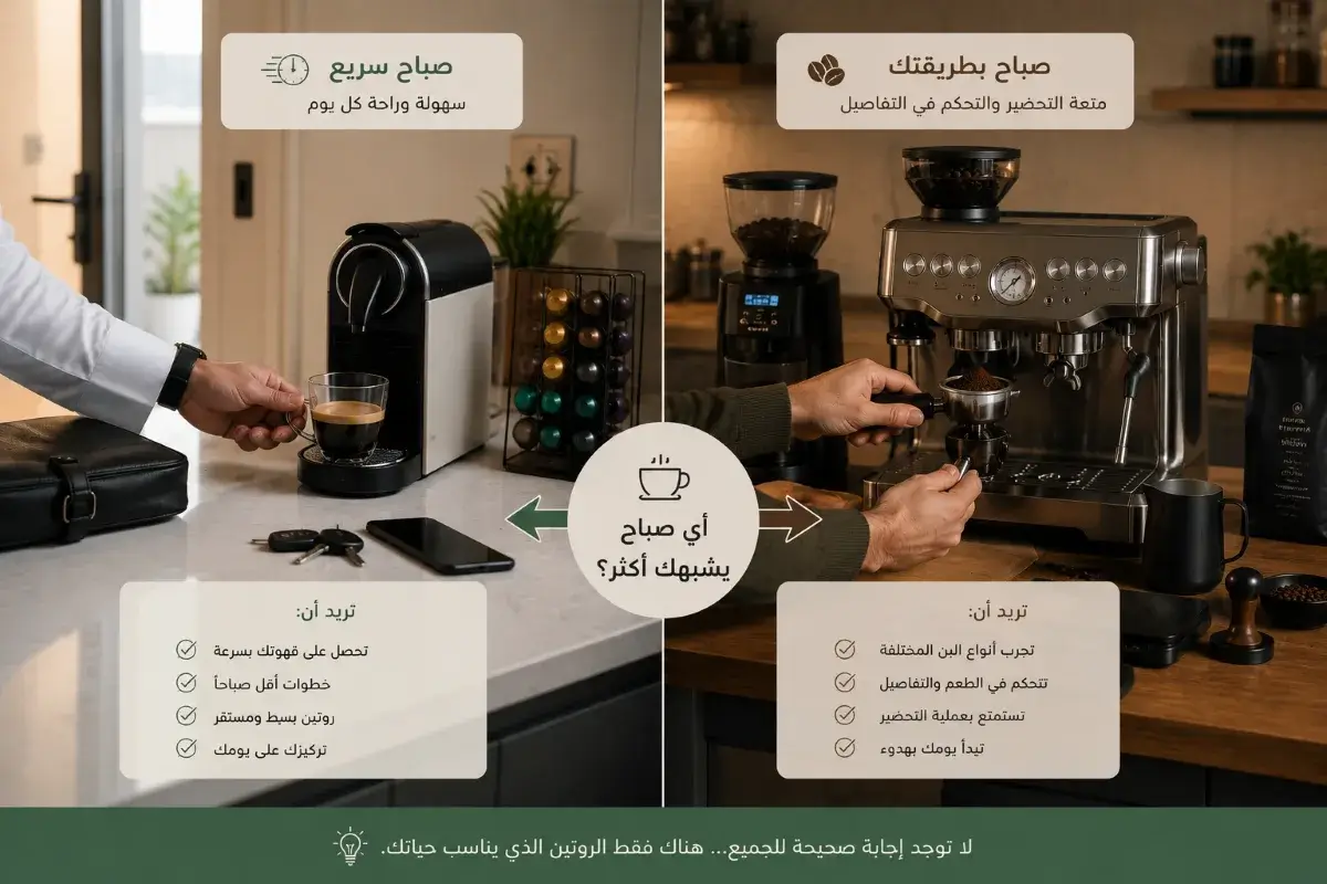 اختيار ماكينة القهوة حسب روتين التحضير اليومي بين الكبسولات والإسبريسو