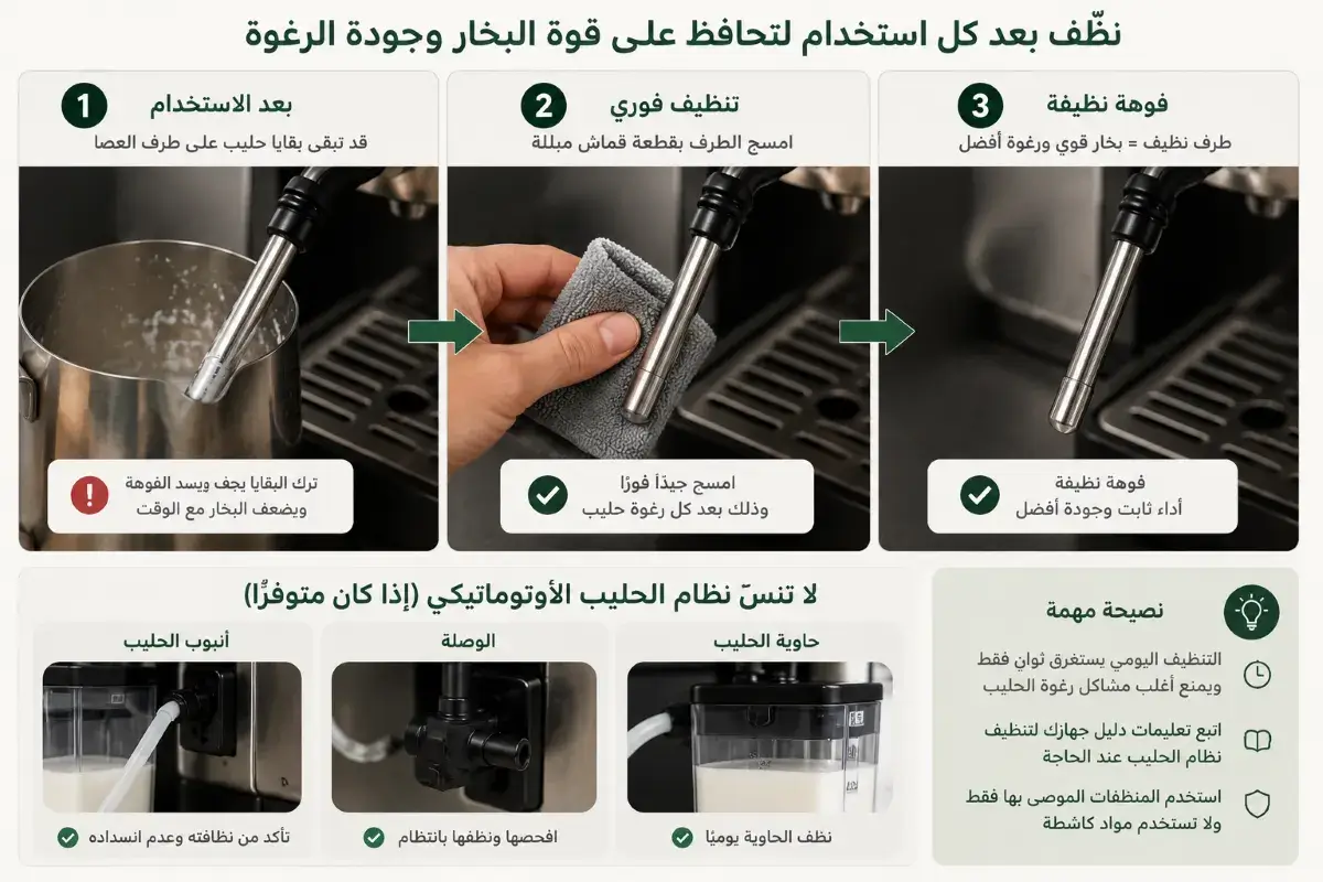 تنظيف عصا البخار بعد ترغية الحليب لمنع تراكم بقايا الحليب