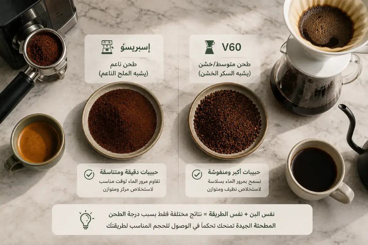 اختلاف درجة طحن القهوة بين الإسبريسو وV60