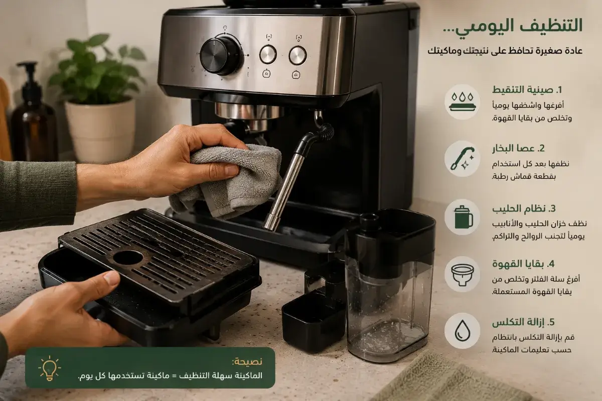 ماكينة قهوة موضوعة على سطح محدود في مطبخ صغير