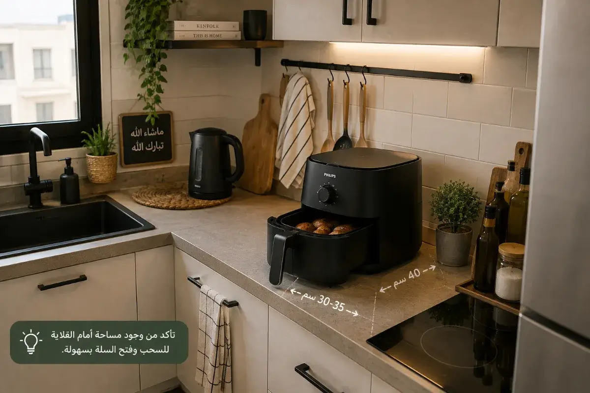 قلاية هوائية مدمجة على رخامة مطبخ صغير مع مساحة لسحب السلة