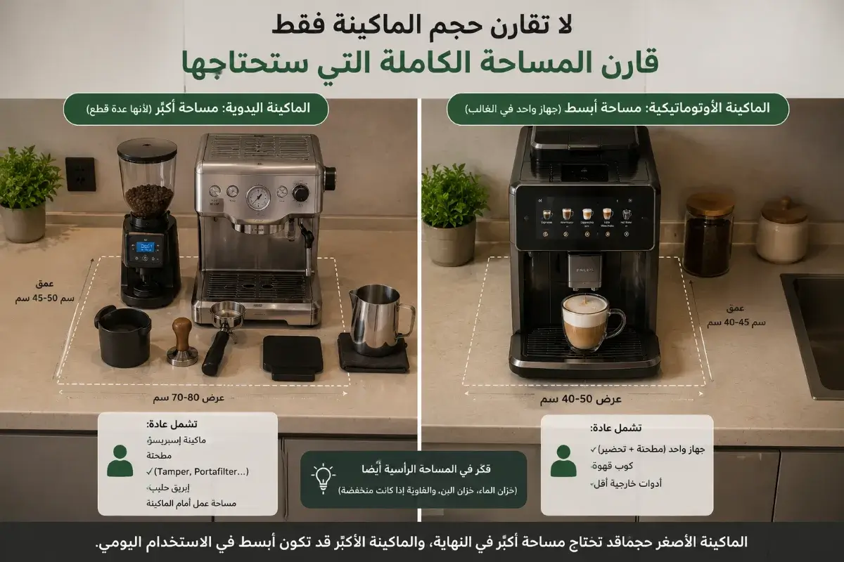 مساحة تجهيز ماكينة الإسبريسو اليدوية مقارنة بالماكينة الأوتوماتيكية في مطبخ صغير