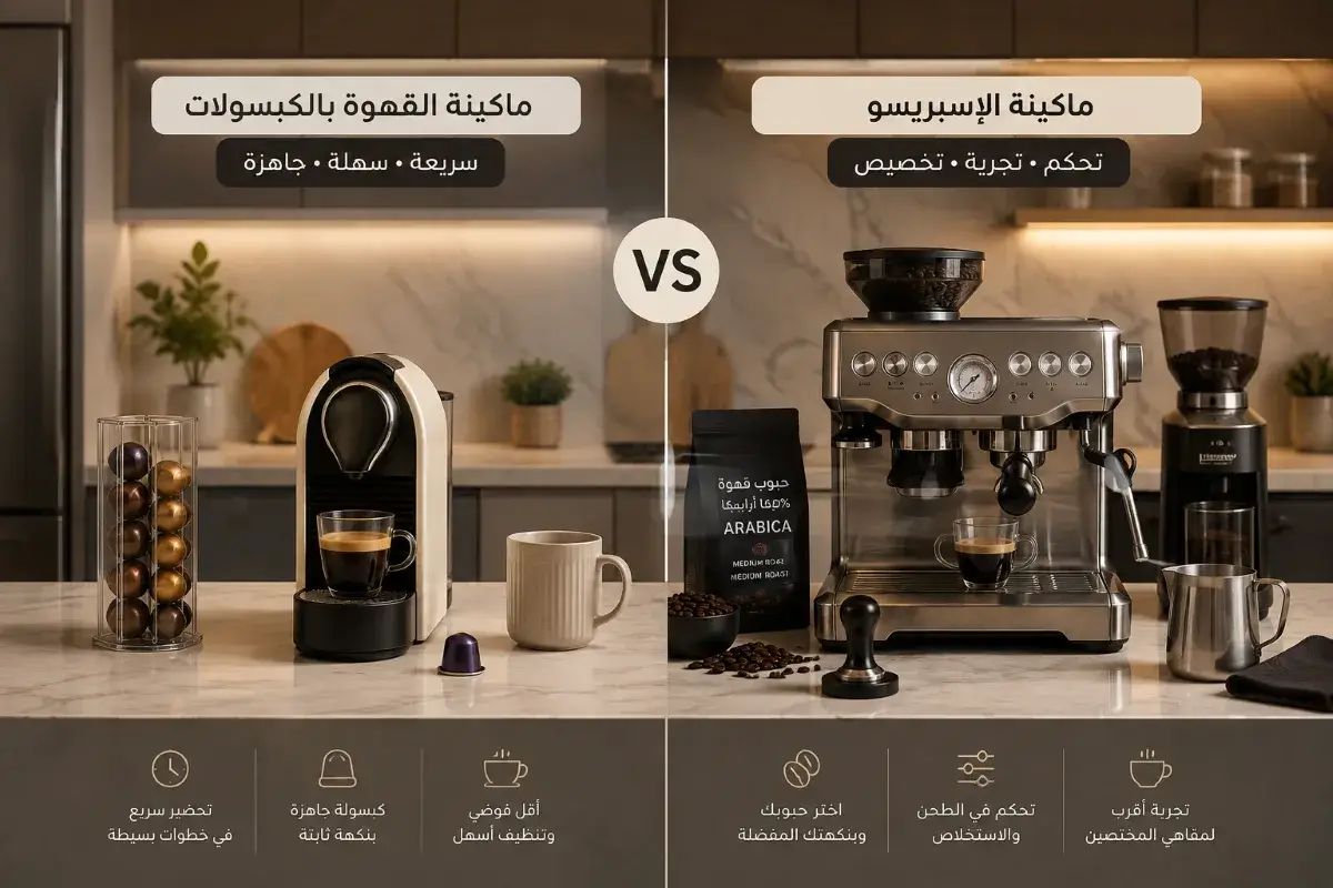مقارنة بين ماكينة الإسبريسو وماكينة الكبسولات في مطبخ منزلي