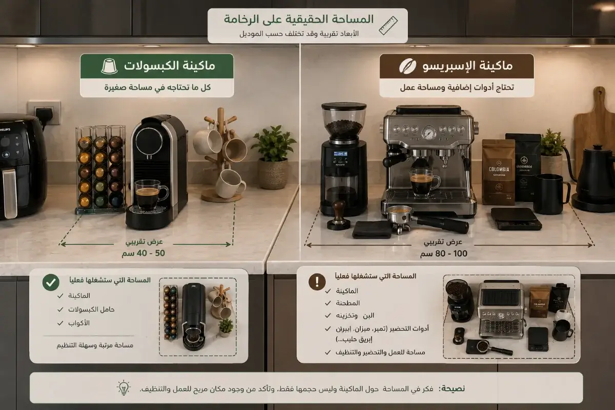مساحة ماكينة الكبسولات والإسبريسو وملحقاتهما على رخامة مطبخ صغير
