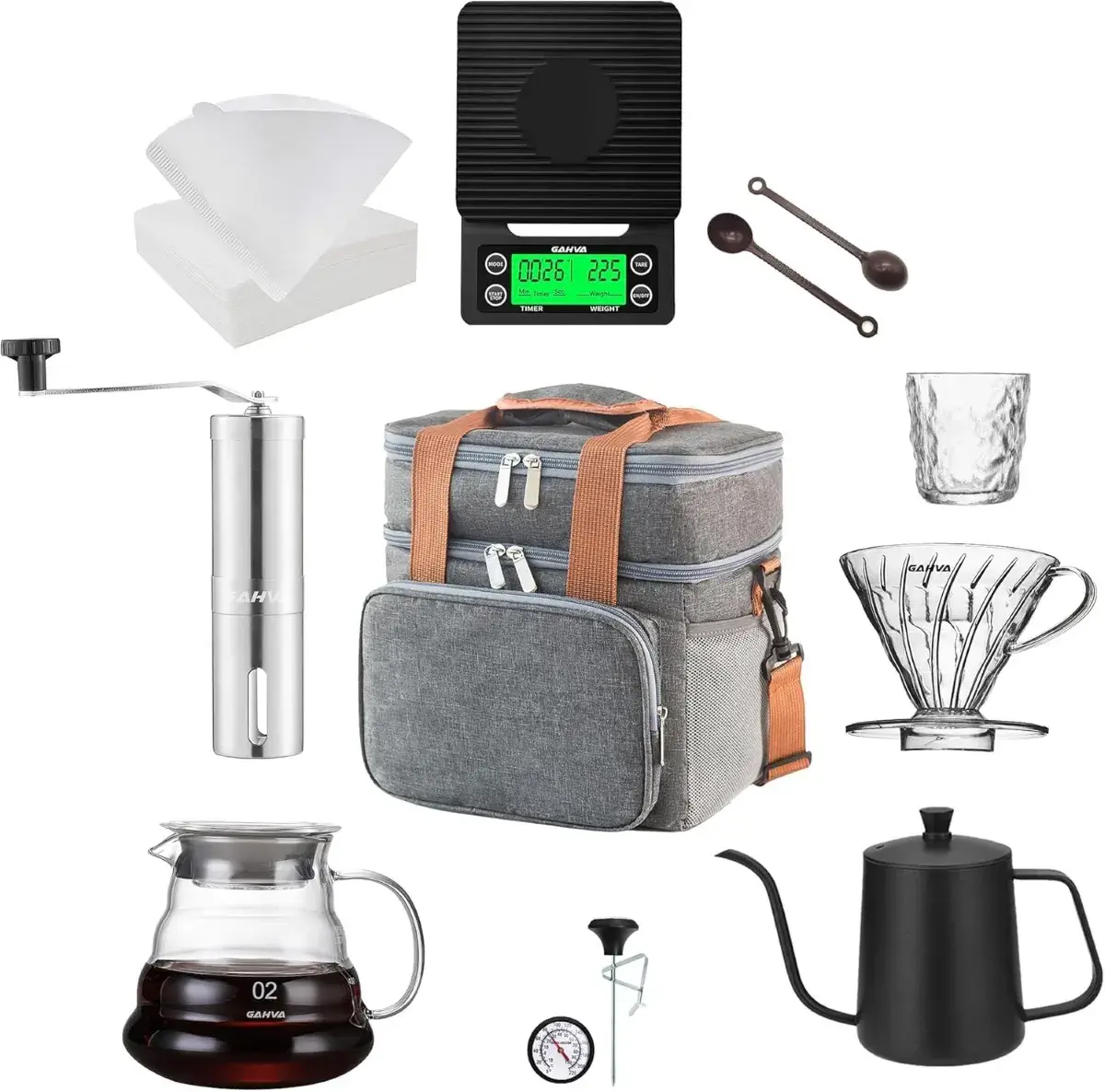 طقم GAHVA V60 مع مطحنة وميزان وغلاية وفلاتر