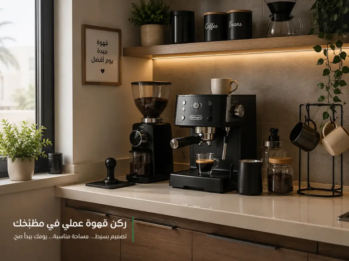 تجهيز قهوة منزلية عملي في مطبخ حديث محدود المساحة