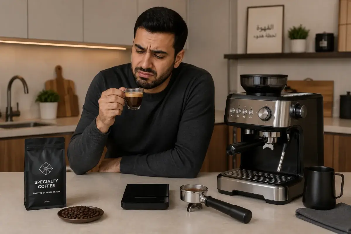 كوب قهوة منزلية بطعم غير مرضٍ بجانب ماكينة القهوة
