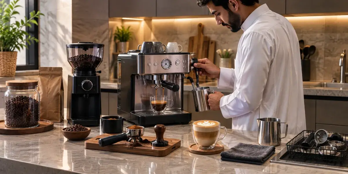 خطوات تحضير الإسبريسو المنزلي بالطحن والاستخلاص وتبخير الحليب