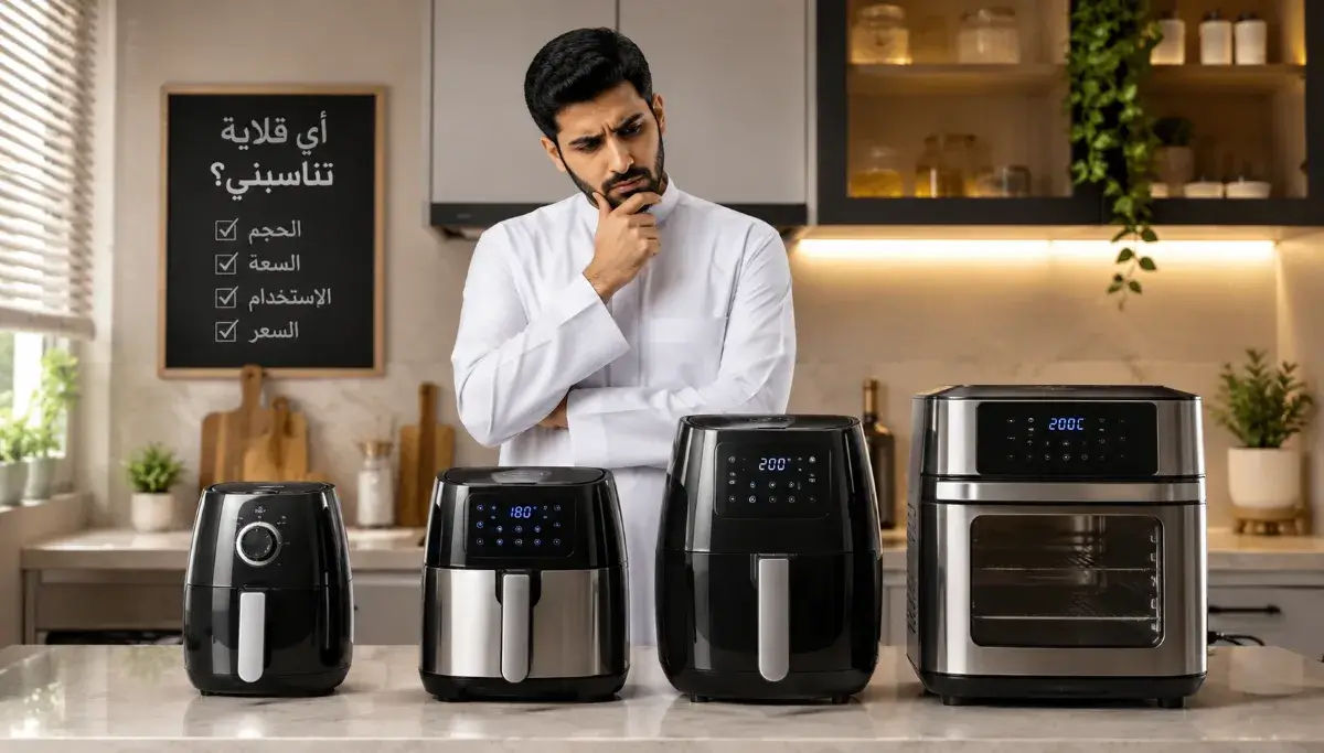 رجل سعودي يحتار في اختيار القلاية الهوائية المناسبة داخل مطبخ صغير
