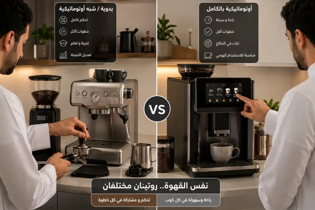 مقارنة بين ماكينة إسبريسو يدوية وماكينة قهوة أوتوماتيكية أثناء الاستخدام