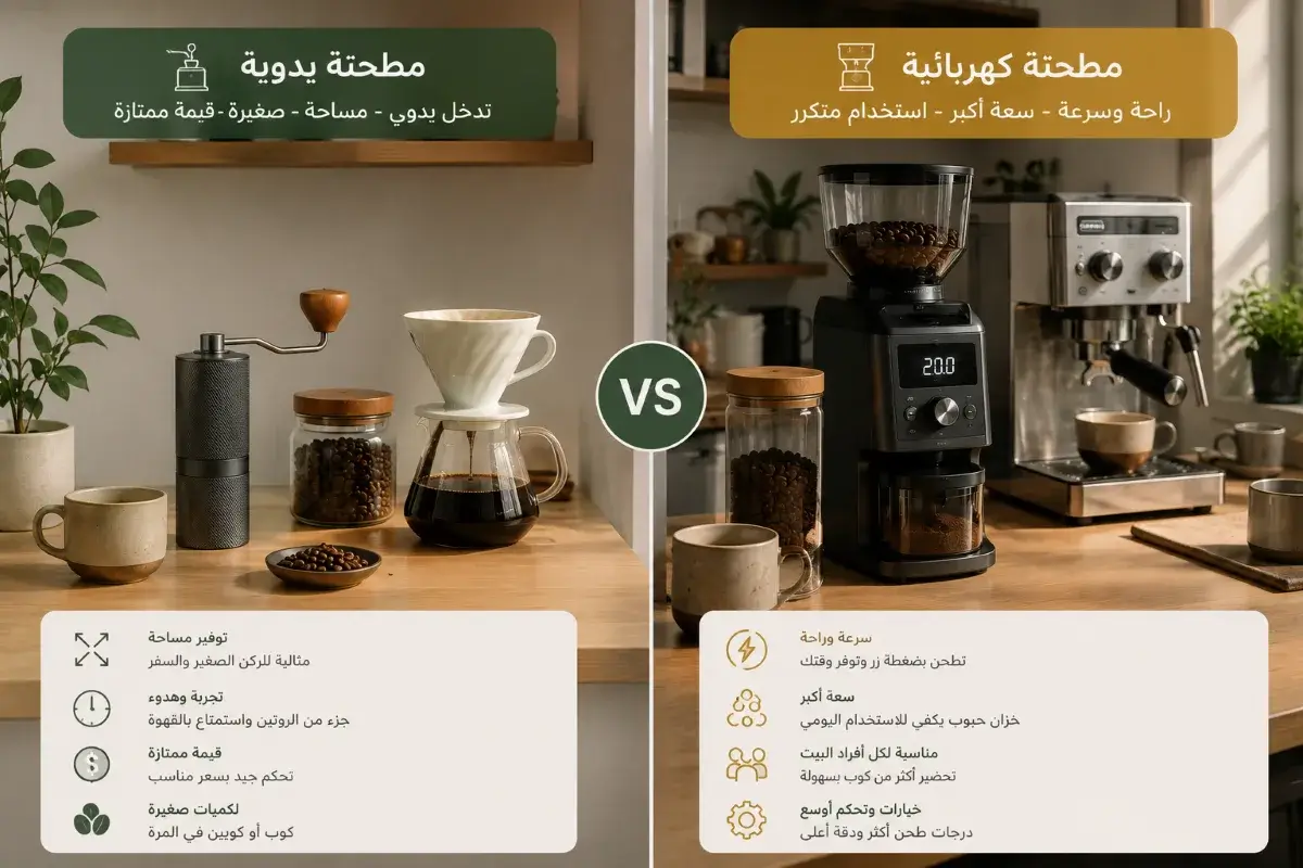 مقارنة مطحنة قهوة يدوية ومطحنة كهربائية للاستخدام المنزلي