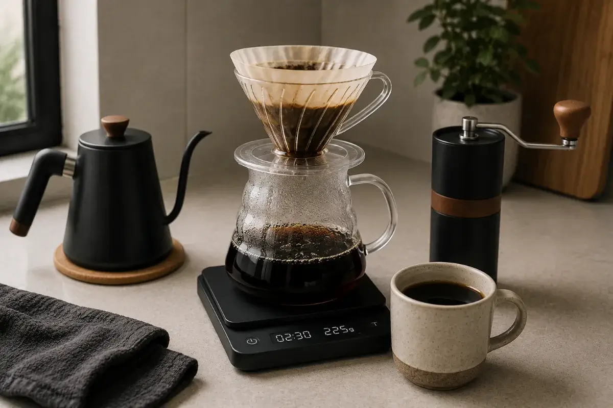 قهوة V60 محضرة في المنزل بعد انتهاء التقطير