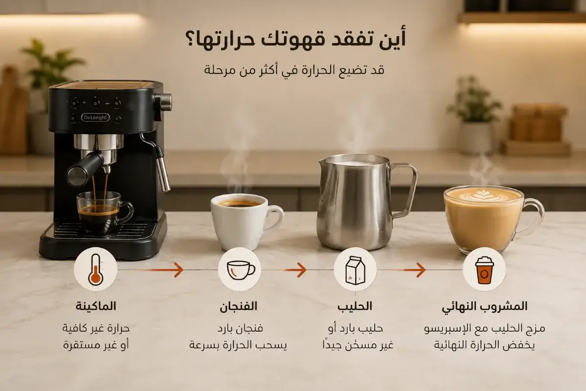 تحديد أين تفقد القهوة حرارتها بين ماكينة القهوة والفنجان والحليب